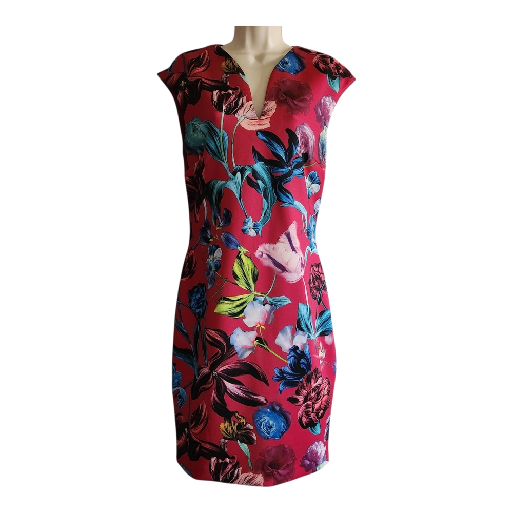Ted Baker Hanging Garden Pink Floral Cap Sleeve Sheath Midi Dress Size 8